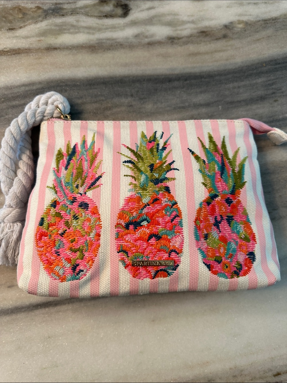 SPARTINA 449 embroidered pineapple striped wristlet/ clutch